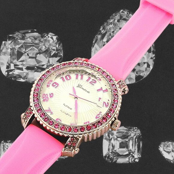 Pink Iced Out Diamond Bezel watch w/ pink CZ stones Silicone band - Picture 2 of 8